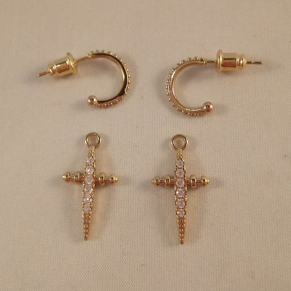 Men's 18K Yellow Gold + 925 Silver Diamond Zircon Cross Sword Stud Earrings Gift - Picture 3 of 6